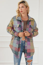 Multicolor brushed plaid shacket with collar and button front, styled open over a brown top.