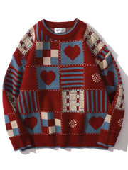 Heart pattern checkered sweater in red and blue with crew neck and long sleeves.