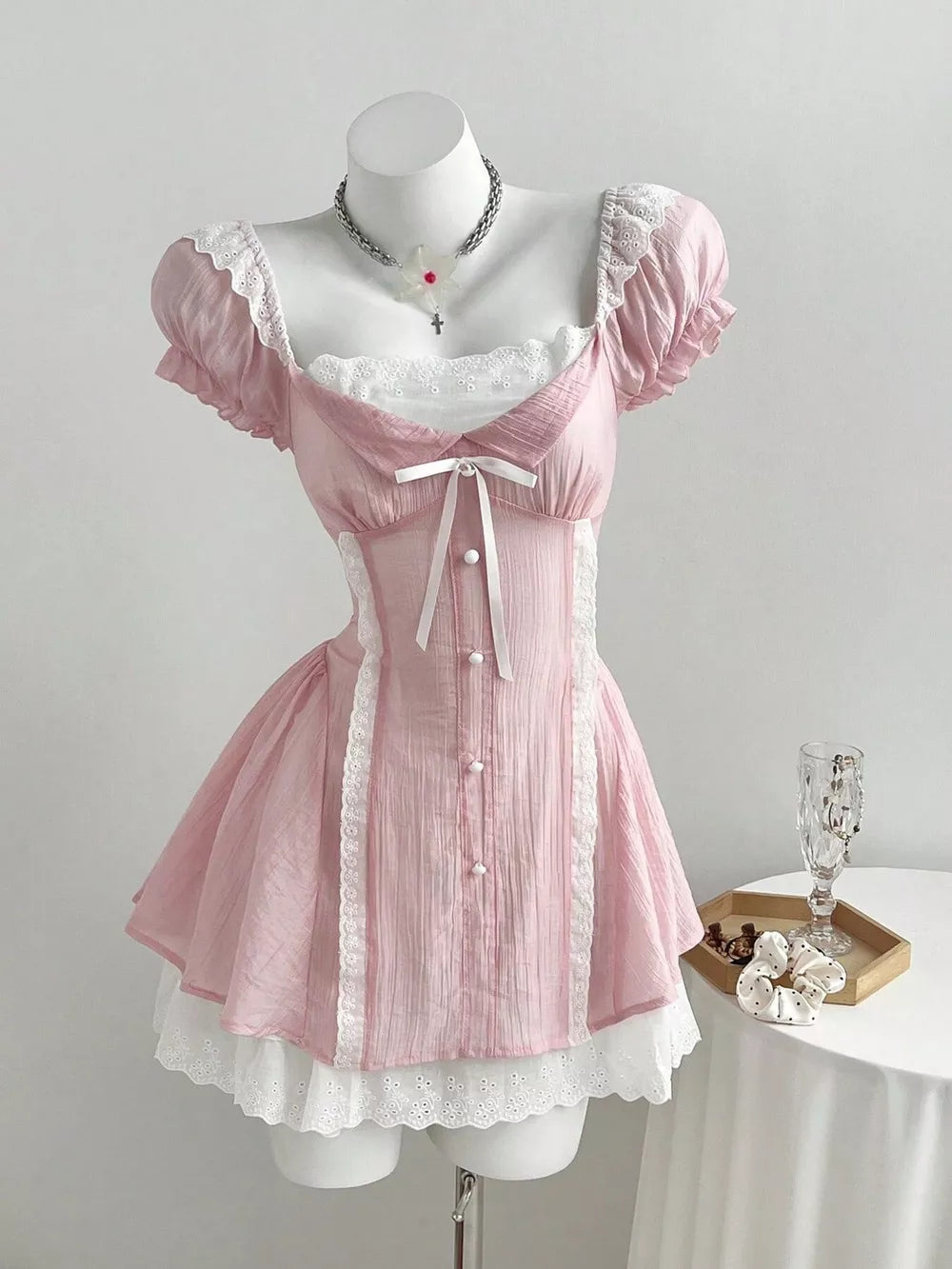 Lace Detail Cap Sleeve Mini Dress, front view