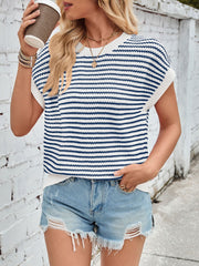 Navy and white striped knit top with cap sleeves and crewneck.