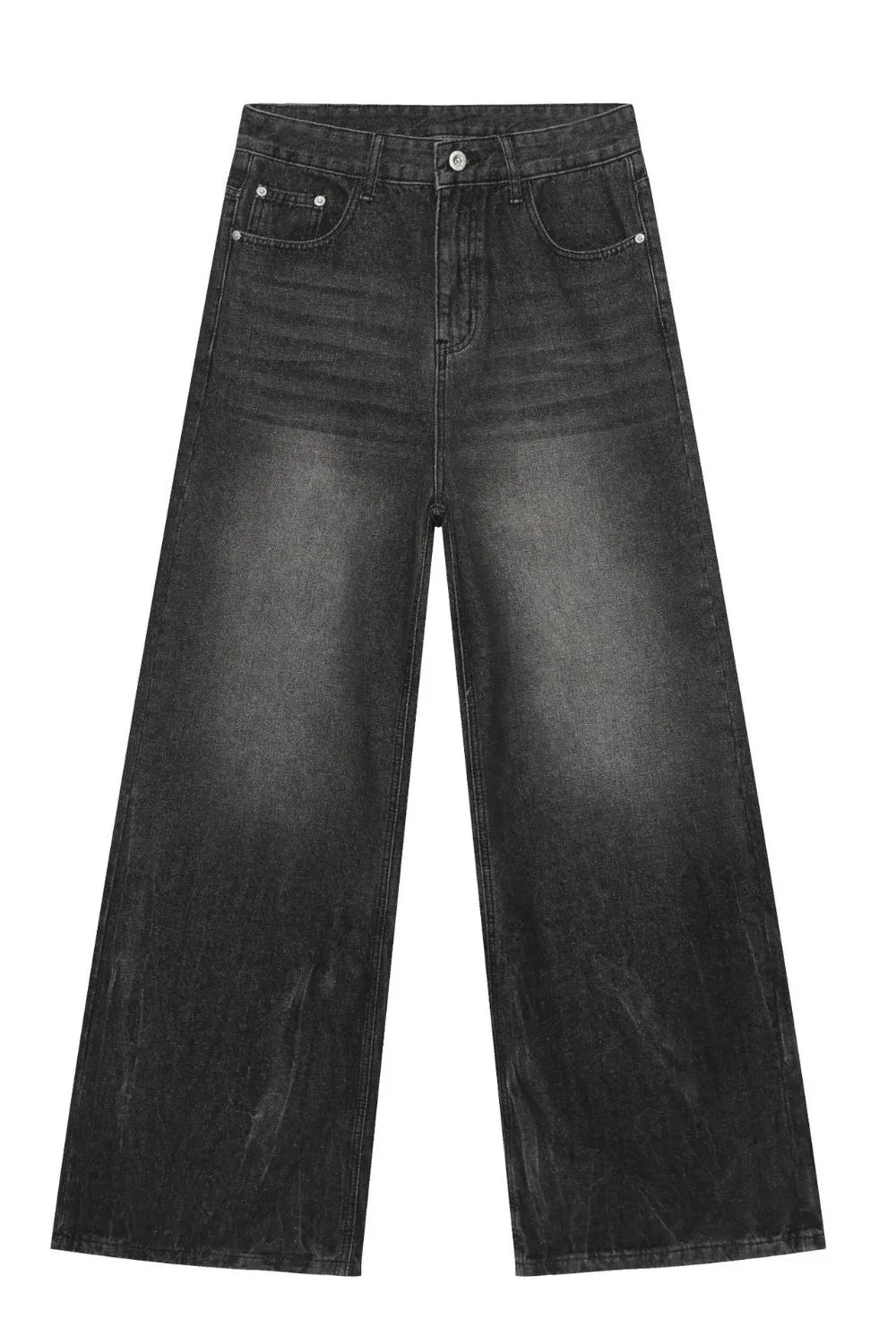 Dark balloon-leg denim jeans with a subtle fade and wide leg