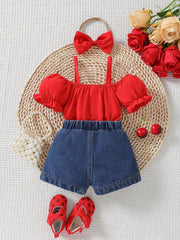 Red ruffled off-shoulder top and denim shorts set with matching bow headband.