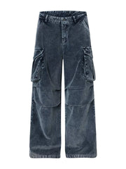 Blue corduroy cargo pants with textured fabric and functional pockets.