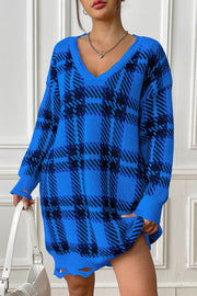 Royal blue plaid knit mini dress with distressed hem and V-neck.