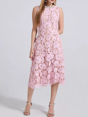 Pink lace dress with floral pattern, pearl neckline, and sleeveless design.