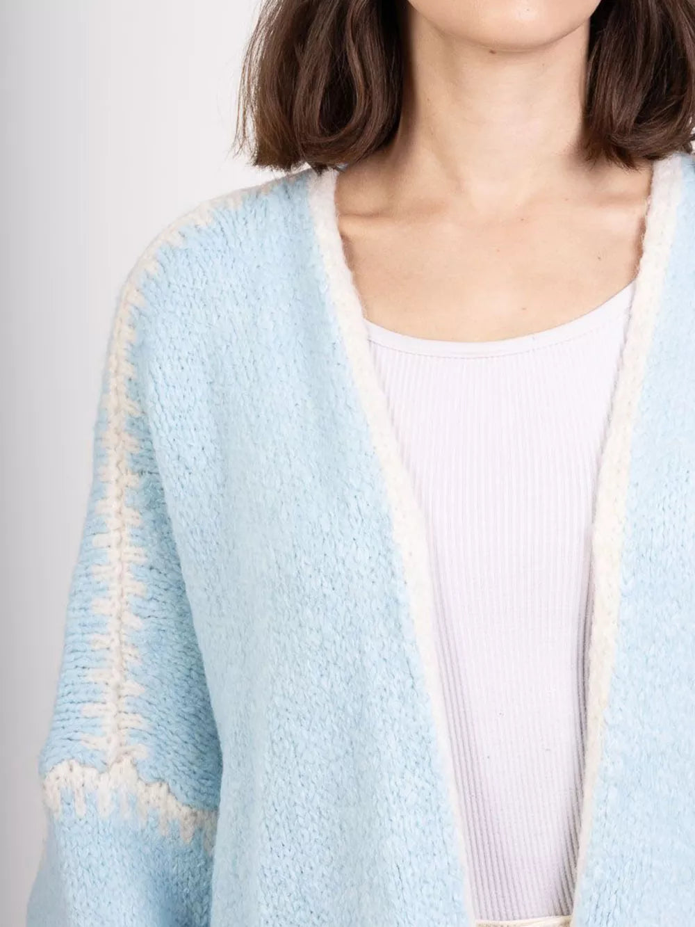 Light blue oversized cardigan with contrast white trim and knit detail
