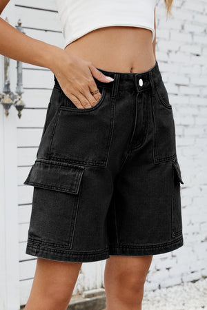 Black denim utility shorts with large cargo pockets and contrast stitching.