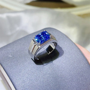 Blue emerald cut moissanite signet ring with diamond accents