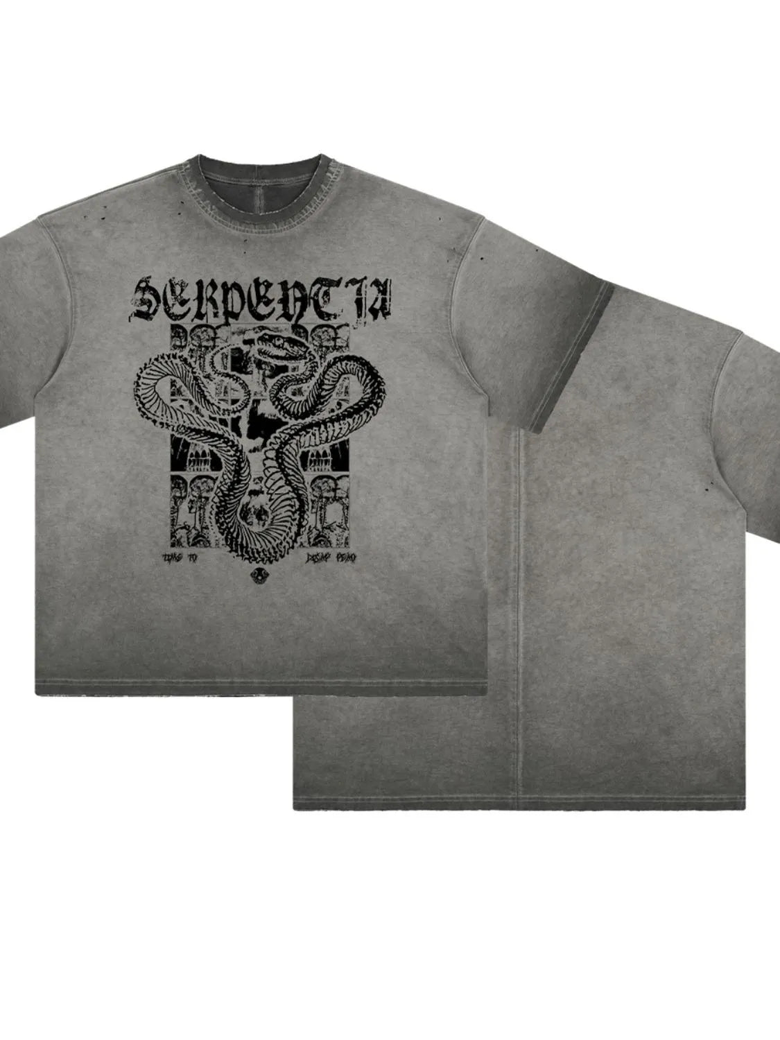 Washed gray oversized graphic tee with serpent and skull design.
