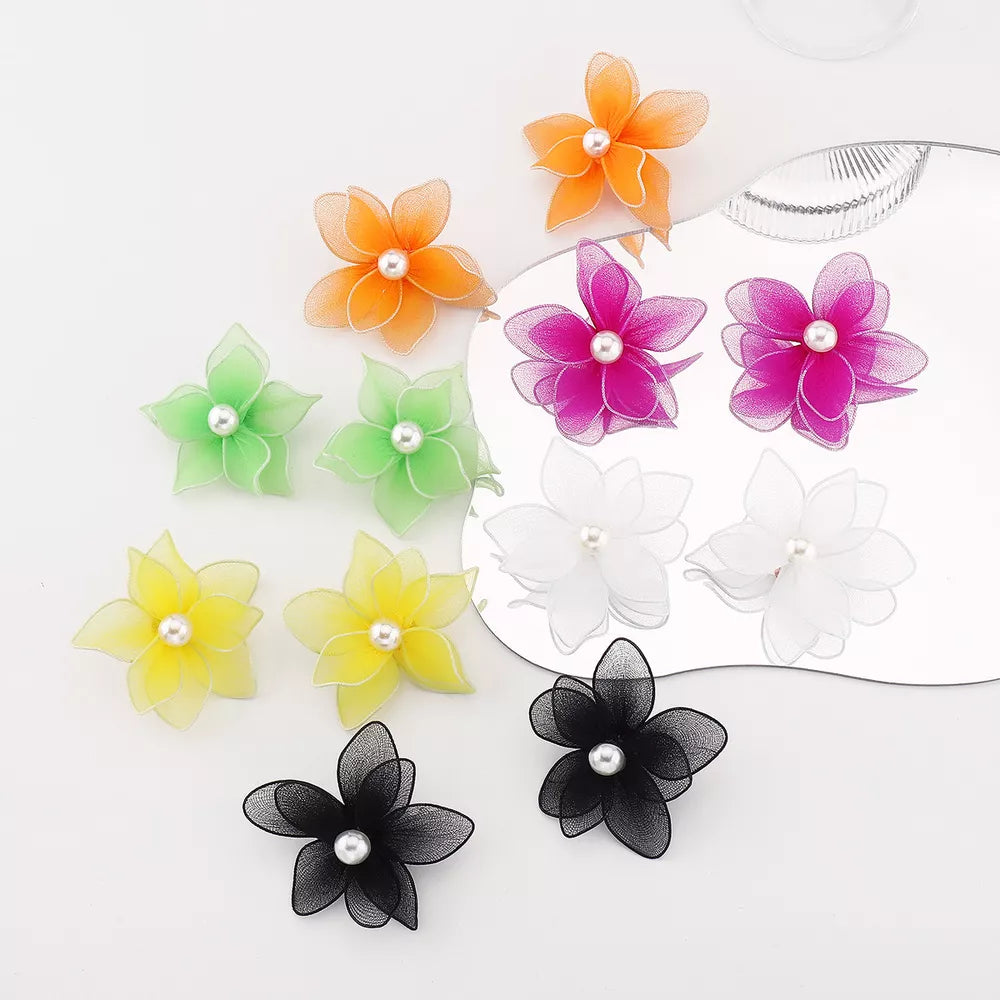 Vibrant floral pearl stud earrings in white, green, rose red, yellow, black, and orange organza.