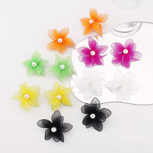 Vibrant floral pearl stud earrings in white, green, rose red, yellow, black, and orange organza.