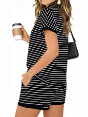 Black striped loungewear set with a t-shirt and pocketed shorts.
