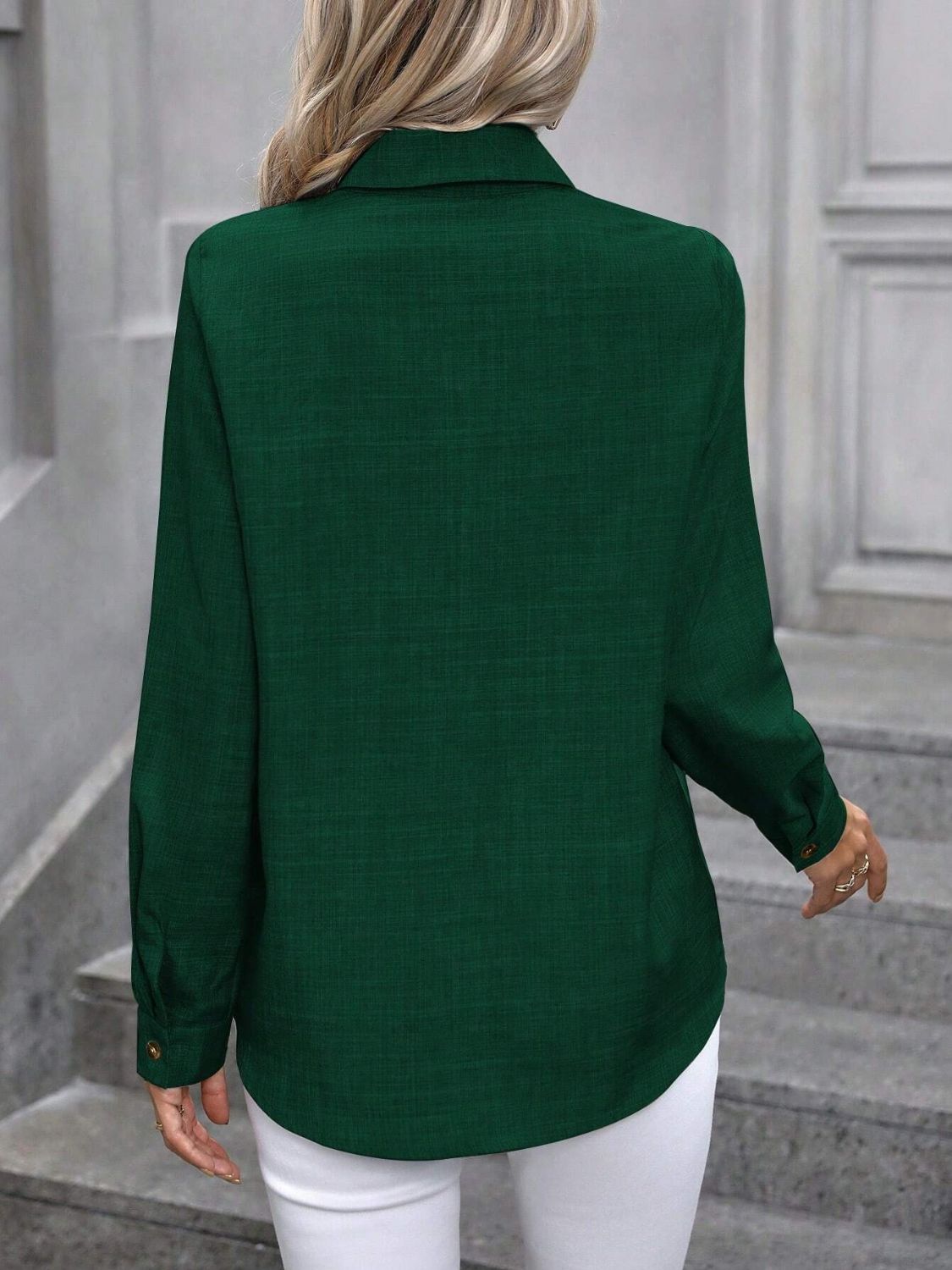 Dark Green linen-blend button-down shirt with long sleeves and button cuffs.