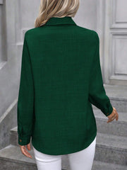 Dark Green linen-blend button-down shirt with long sleeves and button cuffs.