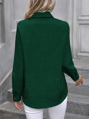 Dark Green linen-blend button-down shirt with long sleeves and button cuffs.