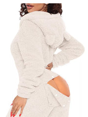 Ivory white fleece hooded romper with buttoned open back and bear ears.