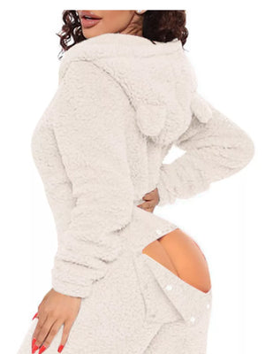 Ivory white fleece hooded romper with buttoned open back and bear ears.