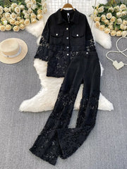 Black lace-embellished two-piece set with collared button-up jacket and wide-leg pants.