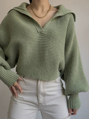 Army green knit sweater with wide collar and balloon sleeves