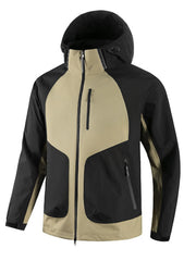 Waterproof hooded jacket in khaki and black with adjustable hood and zippered pockets.