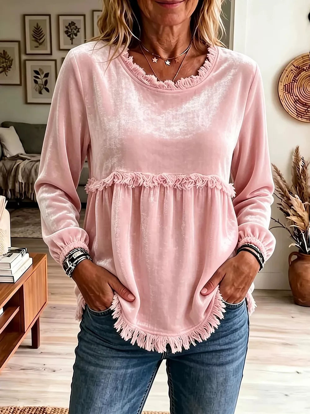 Velvet Fringe Long Sleeve Blouse in Black, front view