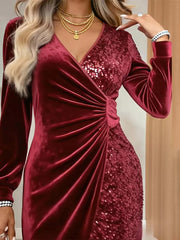 Velvet Sequin Long Sleeve Wrap Dress in Gold, view 11