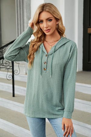 Textured henley hooded knit top in Air Force Blue with button detail and drawstring hood.