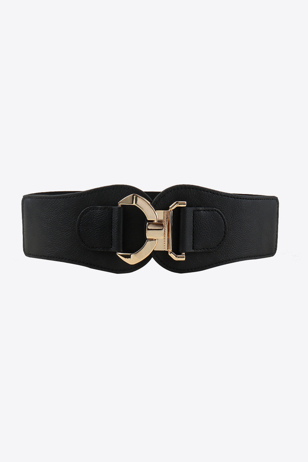 Black elasticated corset belt with sculpted gold buckle detail
