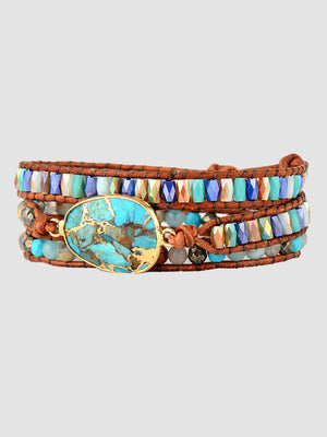 Aqua stone and leather wrap bracelet with faceted beads