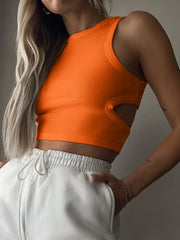 Ribbed cutout crop top in Moss, Orange, Black, White, Caramel, Lemon, Lavender, Gray, or Mid Green.