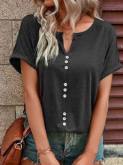 Dark Gray buttoned V-neck short sleeve t-shirt with decorative buttons.