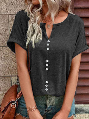 Dark Gray buttoned V-neck short sleeve t-shirt with decorative buttons.