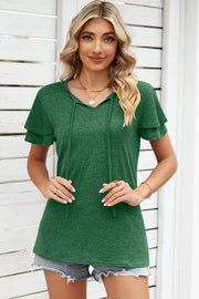 Dark green flutter sleeve henley tee with tie neckline and layered sleeves.