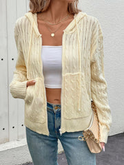 Pastel yellow cable knit zip-up hooded jacket with pockets
