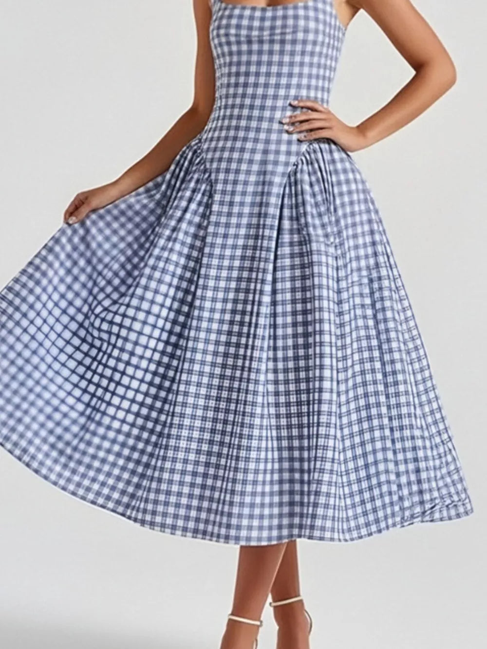 Plaid square neck midi dress in light blue with a-line skirt and gathered waist.
