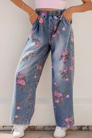 Floral wide-leg denim jeans with elastic waistband and pink floral print.