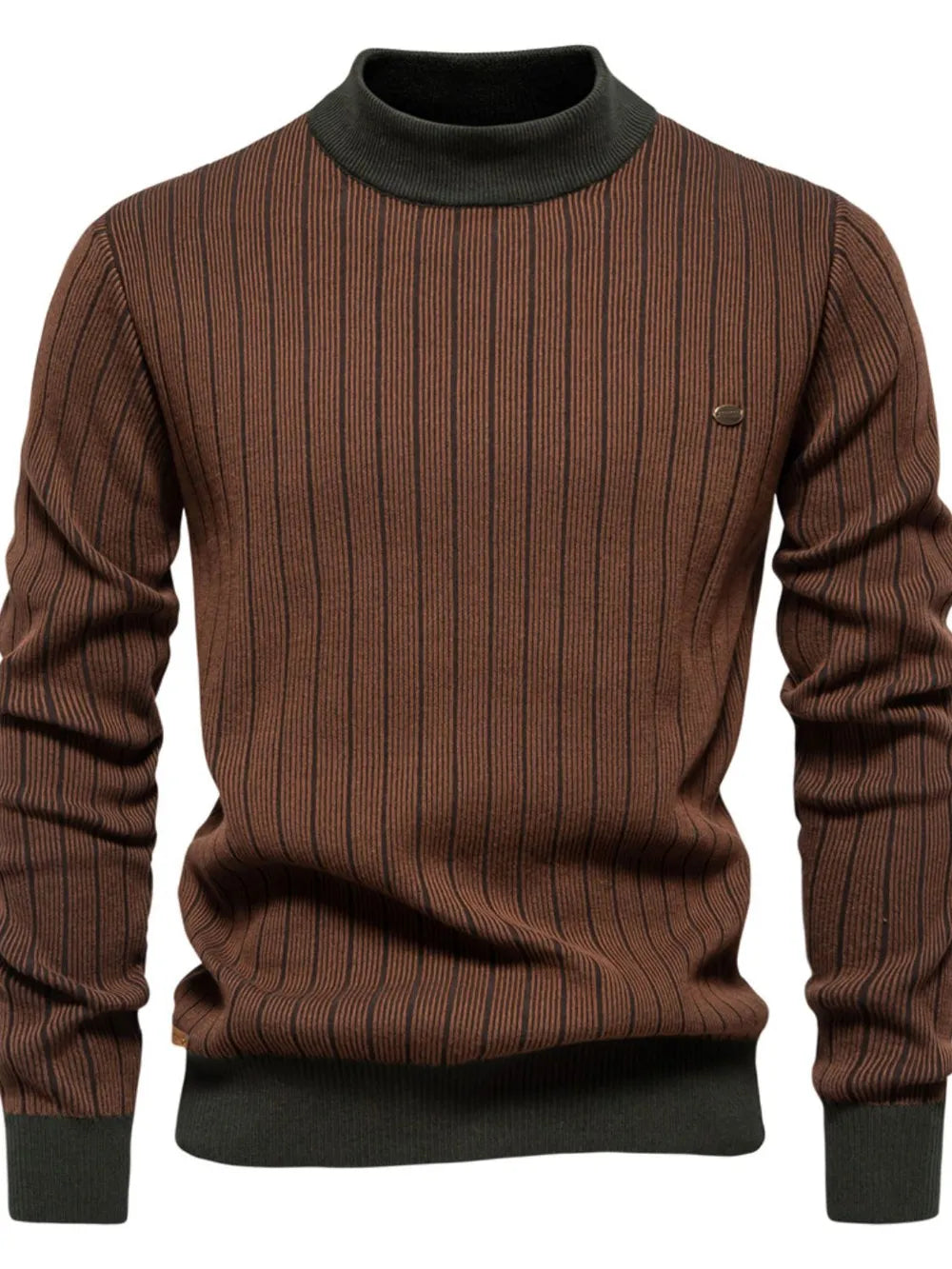 Brown ribbed stripe mock neck pullover sweater with dark green trim.