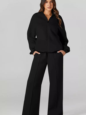 Black zip-up jacket and drawstring wide-leg pants set, comfortable cotton joggers.