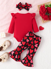 Red baby bodysuit with ruffle sleeves and heart-print bell-bottom pants.