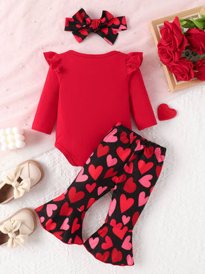 Red baby bodysuit with ruffle sleeves and heart-print bell-bottom pants.