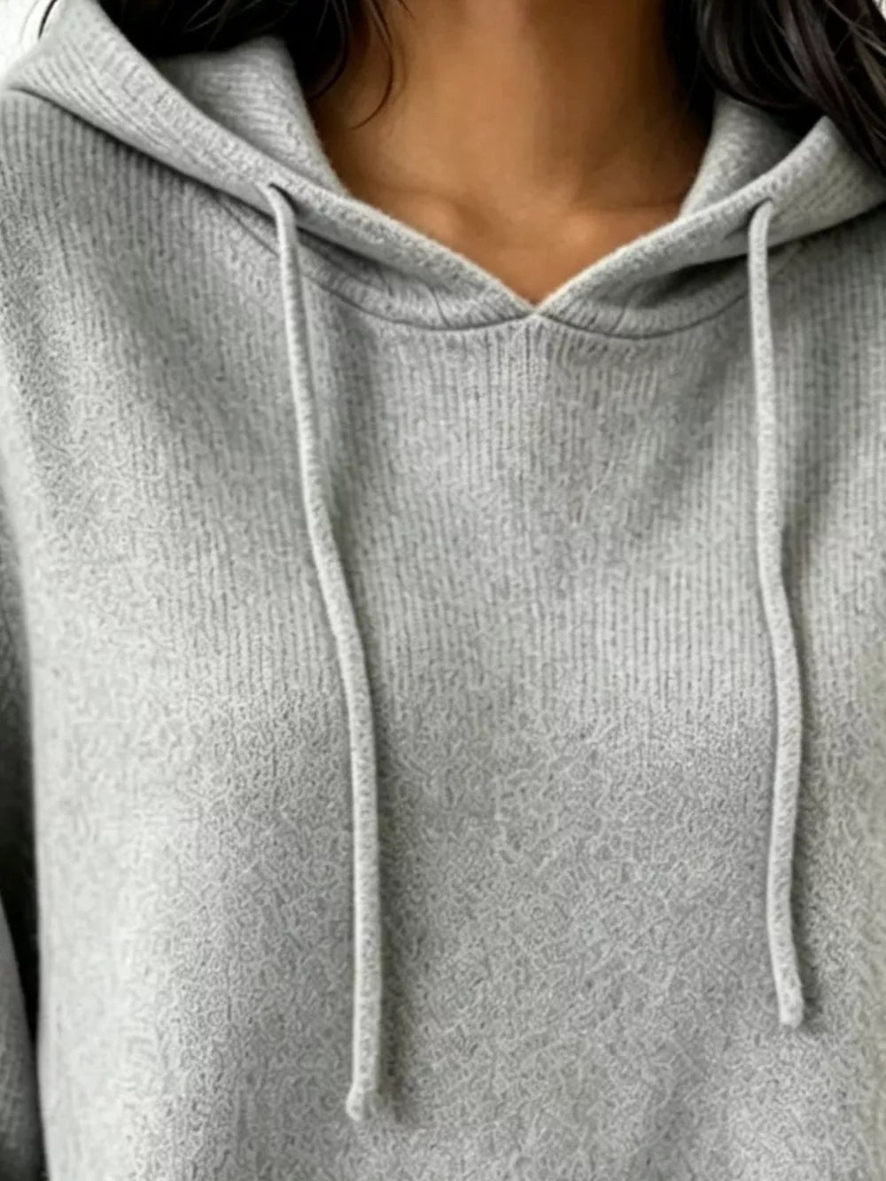 Cozy Ribbed Long-sleeve Hooded Sweater in White, view 17