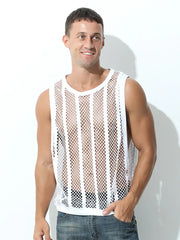 White mesh tank top with vertical stripes and a round neckline.