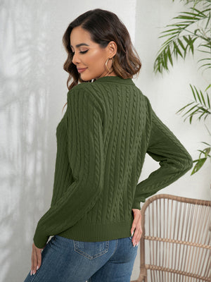 Army green acrylic cable knit polo neck jumper with long sleeves.