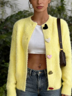 Heart Button Long Sleeve Cardigan Plus Size in Pink, front view