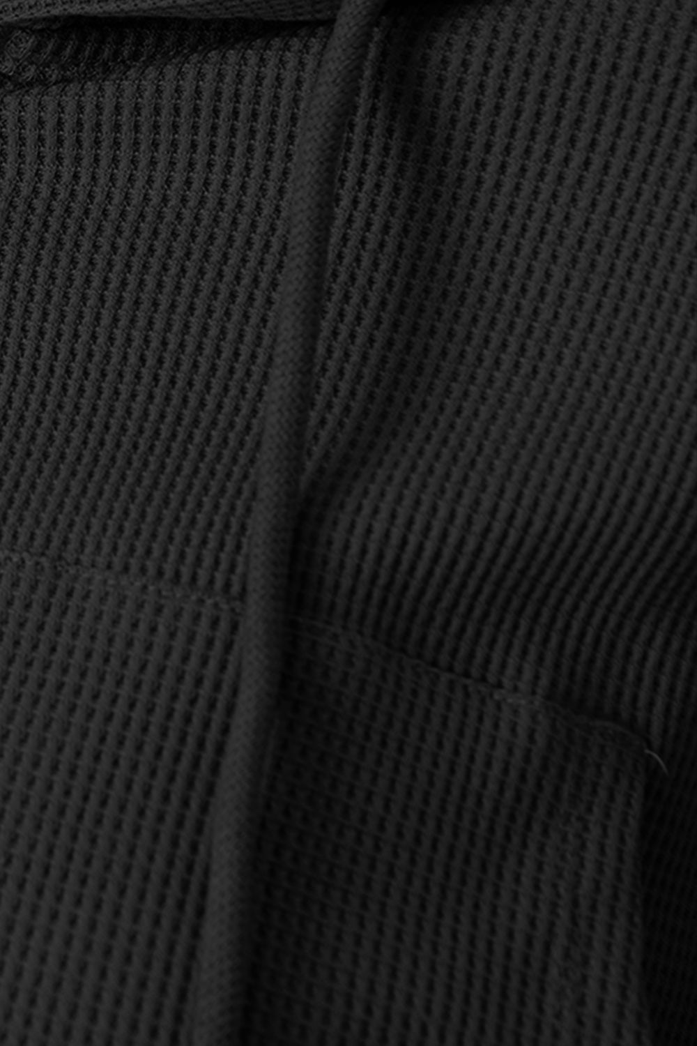 Black waffle knit cropped zip hoodie with drawstring detail