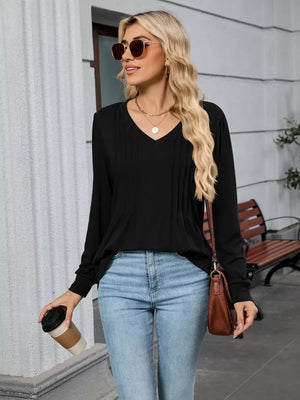 Black V-neck long sleeve maternity t-shirt with subtle front pleats.