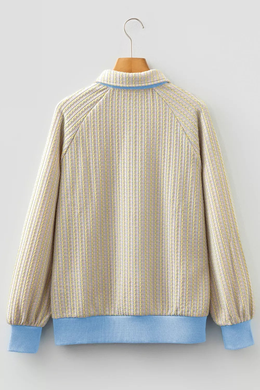 Button Front Jacquard Henley Sweatshirt in Beige, model styling view