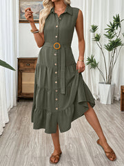 Button-down midi dress in olive green with tiered skirt and belted waist.