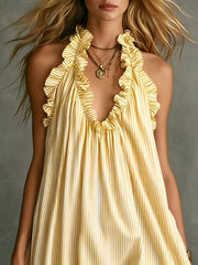 Ruffled Trim Halter Neck Mini Dress Plus Size in Blue, fit detail