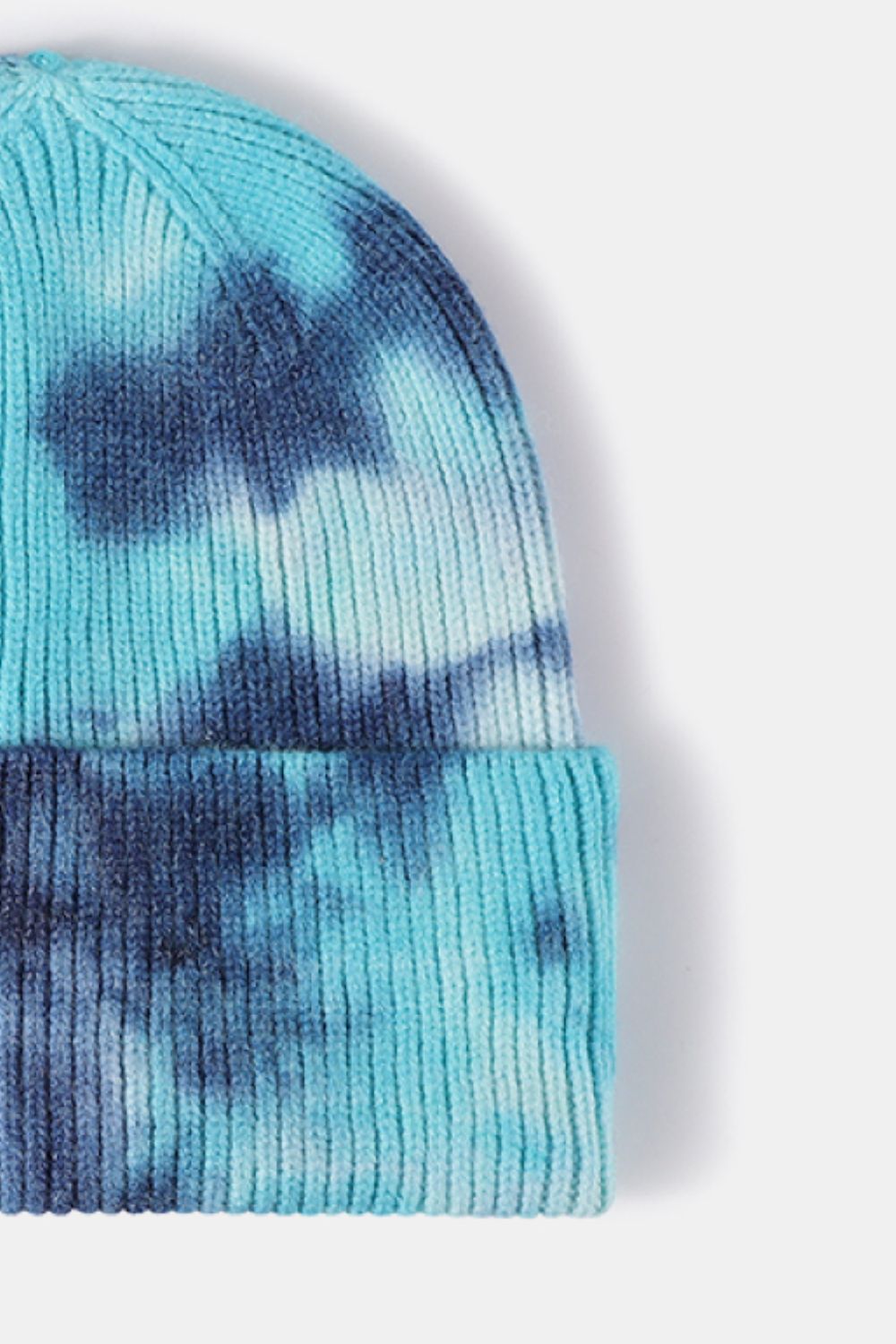 Ribbed knit beanie in Sky Blue with a tie-dye pattern